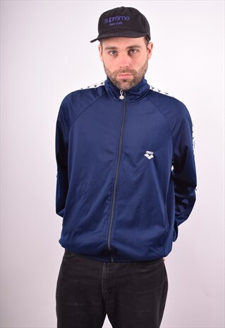 MENS VINTAGE TRACKSUIT TOP JACKET LARGE NAVY BLUE 90S