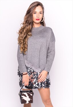 Grey Jumper with Mirror Sequins and Faux Fur