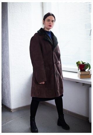 VINTAGE 80'S BROWN SHEEPSKIN SUEDE LEATHER SHEARLING COAT