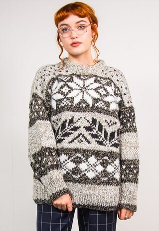 VINTAGE 90'S GREY SNOWFLAKE PATTERN THICK KNIT JUMPER