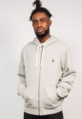 90'S VINTAGE POLO RALPH LAUREN GREY ZIP HOODIE SWEATSHIRT