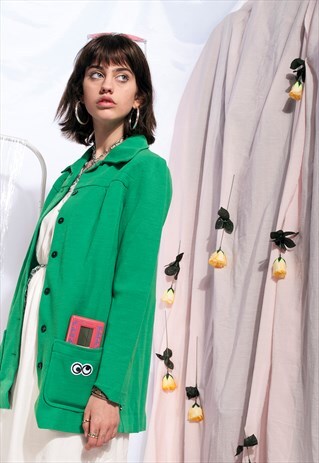 VINTAGE SLIME GREEN JACKET 70S ROLLING EYES PATCH BLAZER