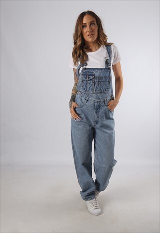 VINTAGE DENIM DUNGAREES WIDE TAPERED LEG UK S 10 (C93N)