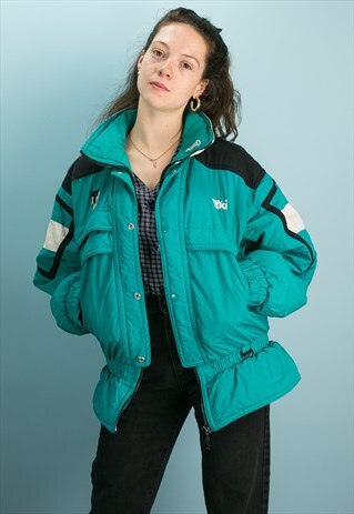 VINTAGE 80'S RODEO SKI JACKET COAT IN TEAL GREEN