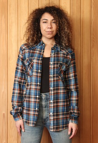 VINTAGE 1990S BLUE AND ORANGE CHECKED FLANNEL SHIRT