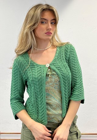 VINTAGE GREEN CROCHET CARDIGAN -S/M