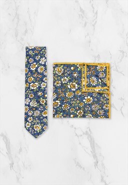 Blue Cotton Floral Wedding Tie & Pocket Square Set