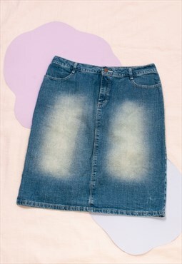 Vintage Denim Skirt Y2K Midi in Stonewashed Jeans Blue