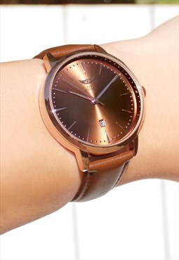 Gents Classic Rose Gold Leather Watch with Date
