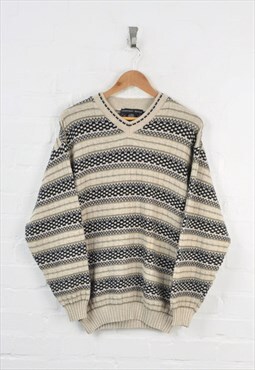 Vintage Knitted Jumper Patterned Beige Medium