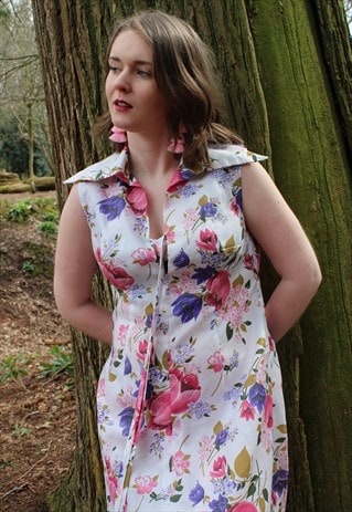VINTAGE WHITE PINK FLORAL V NECK MIDI SUMMER DRESS