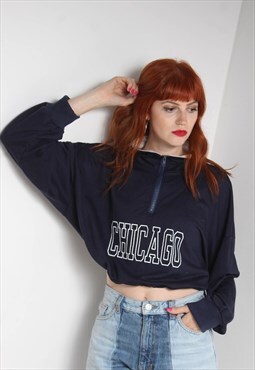 Vintage 90's 1/4 Zip Chicago Crop Sweatshirt Blue