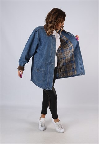 VINTAGE DENIM JACKET OVERSIZED LINED LONG UK 14 LARGE (M3I)