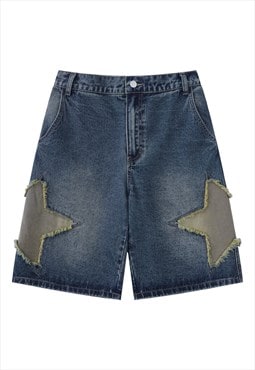 Patch denim shorts cropped star applique skater pants blue