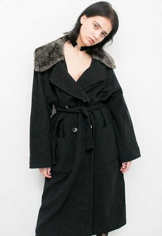 VINTAGE WOOL COAT RETRO BLACK LONG SLEEVED DETACHABLE COLLAR
