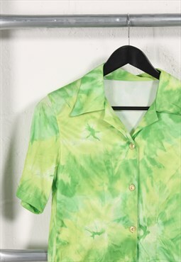 Vintage Short Sleeve Shirt Green Crazy Festival Pattern M