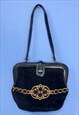 Vintage Shoulder Bag Black Velvet Suede Lined 