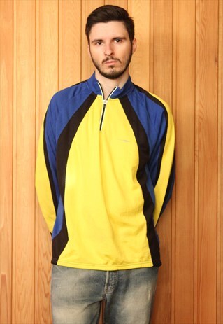 VINTAGE 1990S YELLOW AND BLUE LONG-SLEEVED SPORTS T-SHIRT