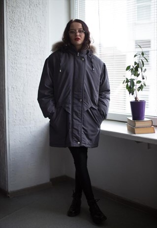 VINTAGE 90'S GREY HOODED WINTER PARKA COAT