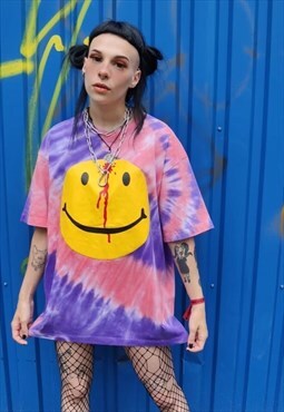 Bleeding emoji tee smile cartoon t-shirt tie-dye top purple