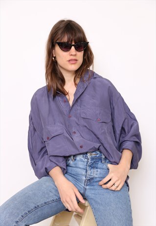 VINTAGE 90S BLUE SILK OVERSIZED BLOUSE SHIRT