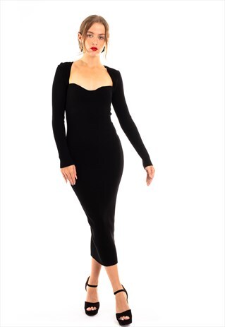 Soft Knitted Ribbed Midi Bodycon Dress Long Sleeve In Black