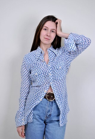 BLUE FLOWERS SHIRT 90S VINTAGE PATTERN BLOUSE