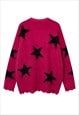 FLUFFY SWEATER FUZZY JUMPER STAR PRINT LONG HAIR TOP IN RED