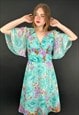 VERA MONT VINTAGE 70'S FLUTED SLEEVE GREEN FLORAL DRESS