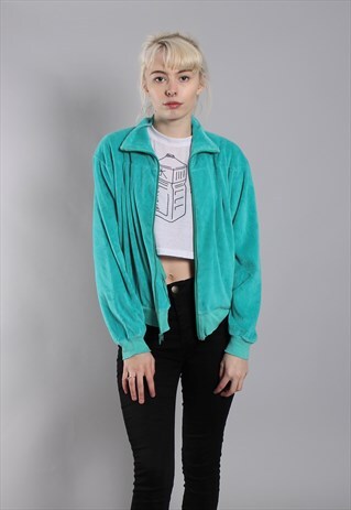 VINTAGE 80S TURQUOISE PLEAT FRONT CRUSHED VELVET JACKET