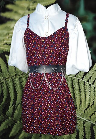 RED 90S GRUNGE CORDUROY SLIP DRESS WITH FLORAL PRINT