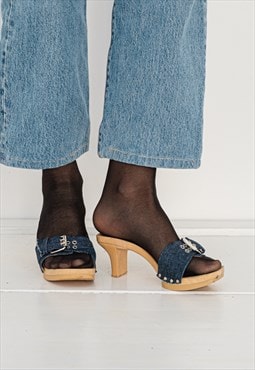 90's Vintage sexy denim strap heeled sandals in blue & tan