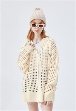 Knitted mesh hoodie transparent Grunge knitwear top in cream