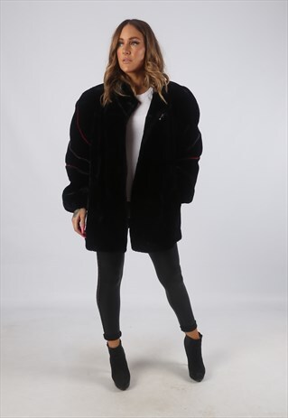 VINTAGE FAUX FUR COAT JACKET SHORT MID UK L 14 (JH4E)