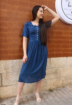 Long Embroidered Dress in Navy Blue