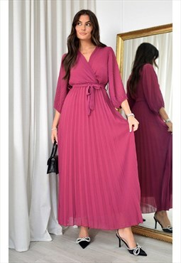 Pleated Wrap Front Maxi Dress in Pink