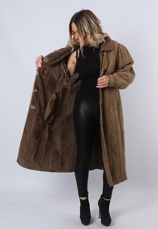 SHEEPSKIN LEATHER SHEARLING COAT JACKET LONG UK 12 (D91J)