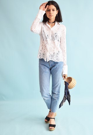 90'S RETRO LACE SHEER FESTIVAL NEUTRAL BLOUSE TOP