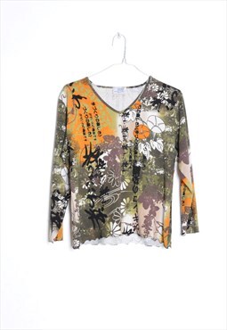 Vintage 90s Colourful 3/4 Sleeve Graphic Flower Womens Top