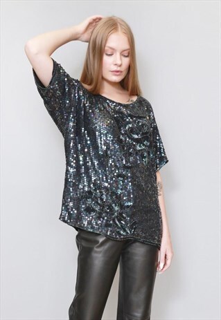VINTAGE 1980'S IRIDESCENT BLACK SILK SEQUIN FESTIVAL TOP
