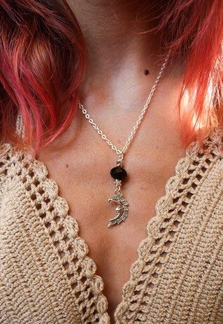 SILVER MOON & BLACK CRYSTAL NECKLACE