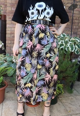 Vintage 80s Black Cottage Floral Flower Festival Midi Skirt