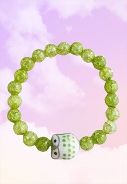 Owl - Green Crackle Quartz Glitter Beaded Gemstone Bracelet