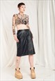 Vintage Leather Skirt 80s High Rise Midi in Black