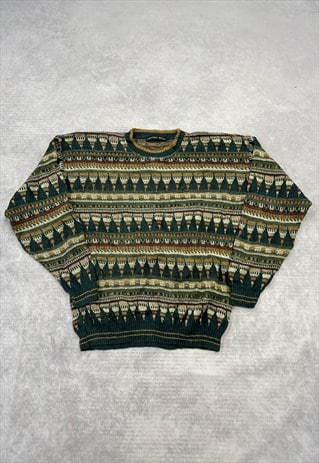 VINTAGE KNITTED JUMPER ABSTRACT PATTERNED GRANDAD SWEATER