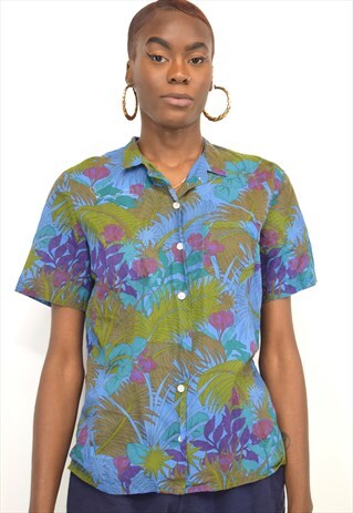 VINTAGE 90S BLUE GREEN LEAF PRINT SHIRT