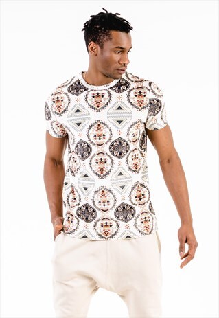 AZTEC PRINTED VELVET FESTIVAL T-SHIRT IN CREAM