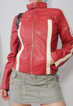 Vintage Y2K Red Biker Motocross Faux Leather Jacket