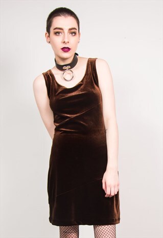 VINTAGE 90'S BROWN VELVET BODYCON MINI DRESS