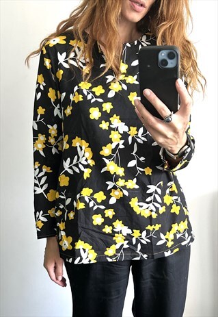 Yellow Black Floral Boho Hippie Long Sleeve 70s Tunic Top S